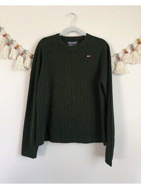 Vintage Abercrombie & Fitch Green Ribbed Knit Sweater Logo Preppy Y2k Men XL